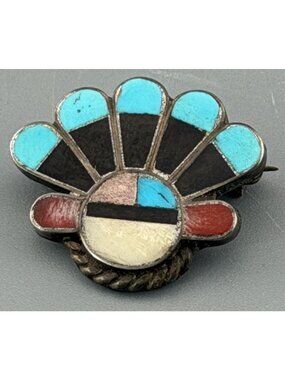 Vintage Southwestern Sunface Brooch Sterling Silver Signed Rex Inlay Turquoise C